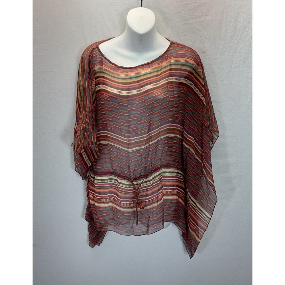 Sundance Kaftan tunic top blouse size SM Silk Chiffon Neutral stripes sheer BOHO